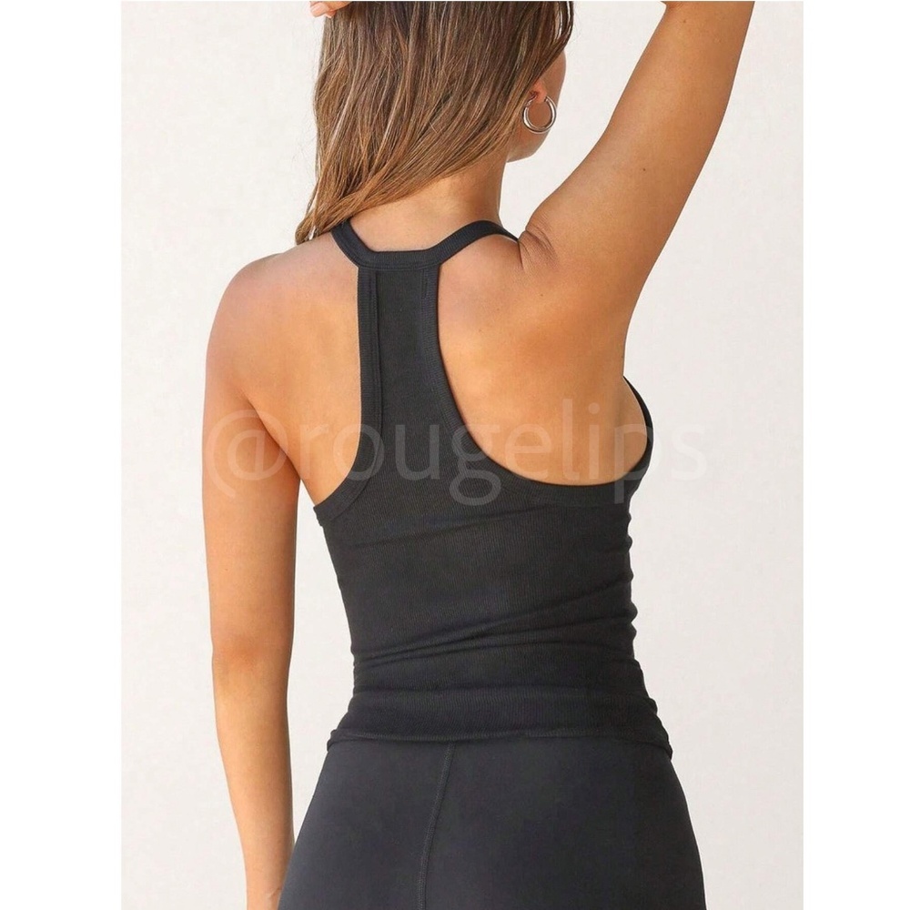 Black Ribbed Tank Top Racerback V-Neck Slim Fit Stretchy - Picture 4 of 7